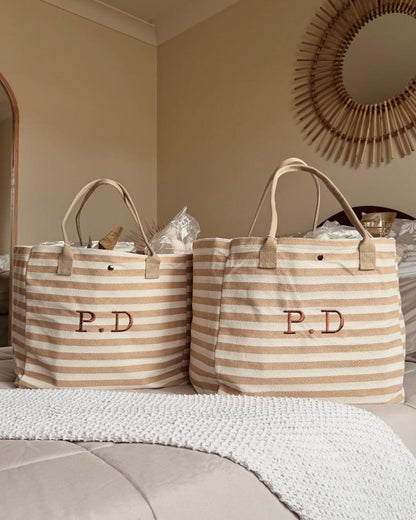 Personalized Large-Capacity Shopping Bag with Embroidery, Embroidered Striped Bag