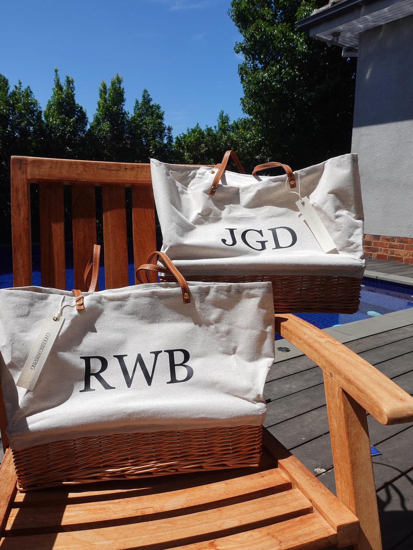 Customized striped Linen Rattan Bag, Leather Handle,