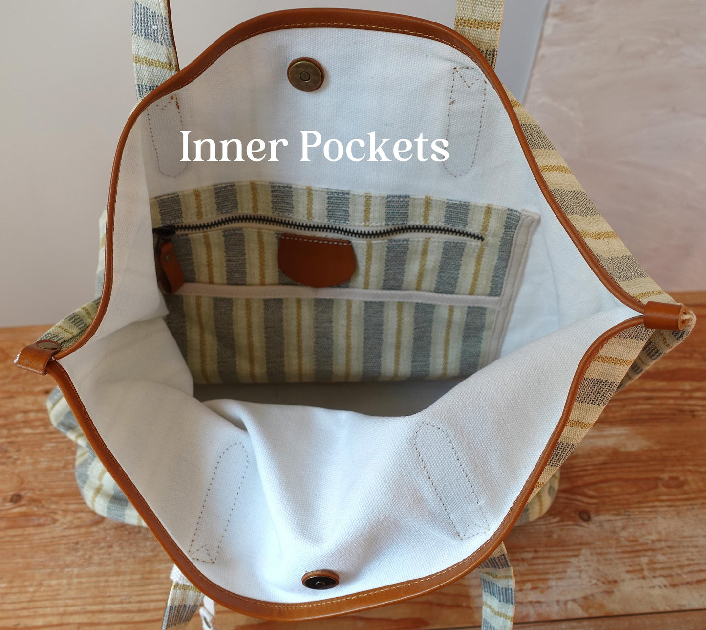 Personalized Striped Tote Bag with  Leather Handles