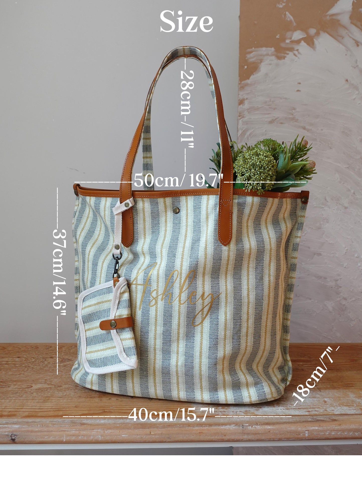 Personalized Striped Tote Bag with  Leather Handles
