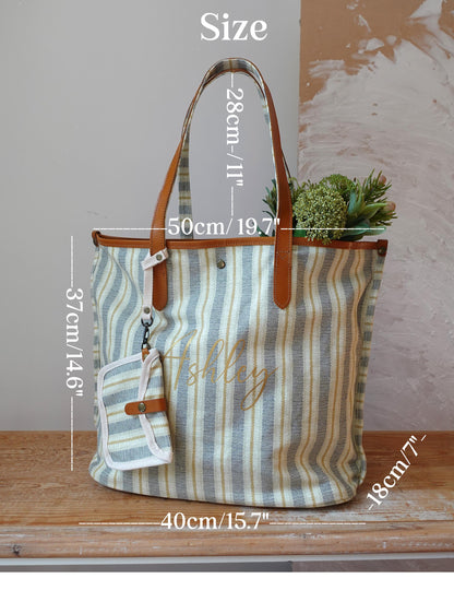 Personalized Striped Tote Bag with  Leather Handles