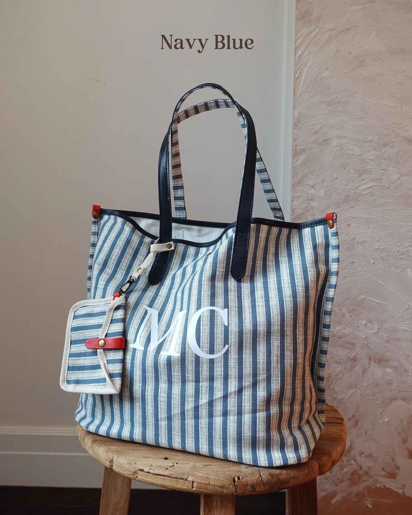 Personalized Striped Tote Bag with  Leather Handles