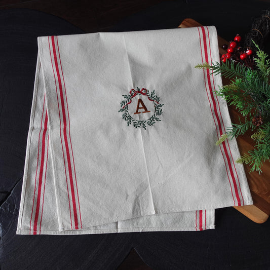 Personalized Christmas Tea Towel, Embroidered Wreath with Initials
