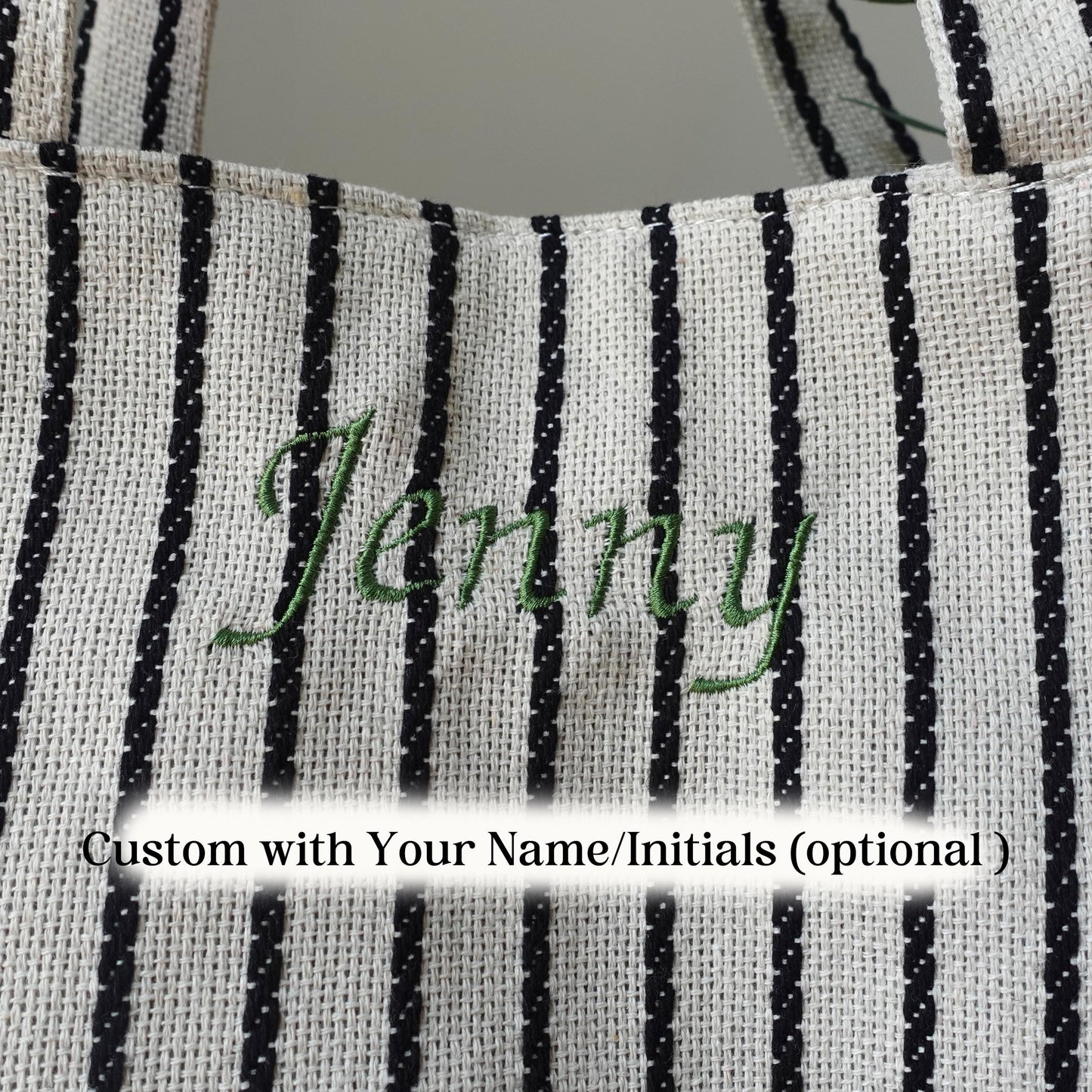 Embroidered initial tote bag, Oversize striped Tote Bag