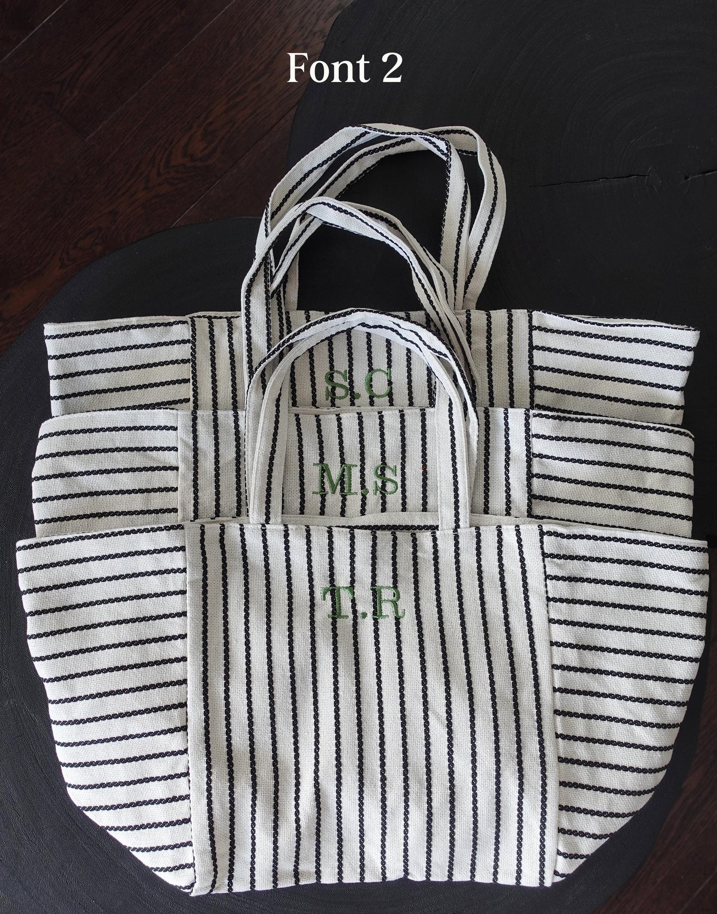 Embroidered initial tote bag, Oversize striped Tote Bag