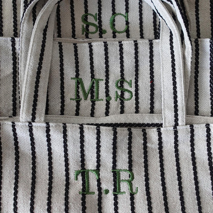 Embroidered initial tote bag, Oversize striped Tote Bag