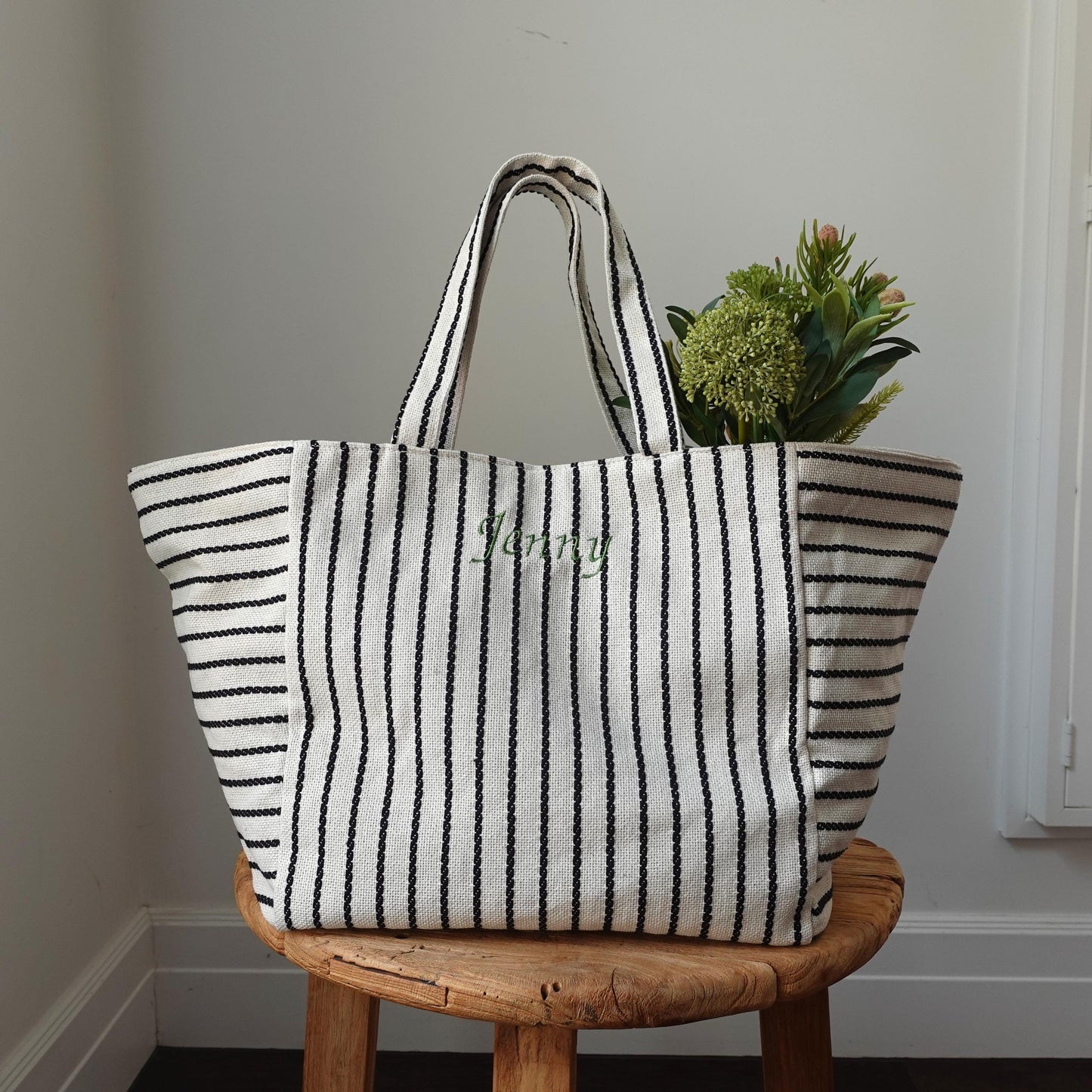 Embroidered initial tote bag, Oversize striped Tote Bag