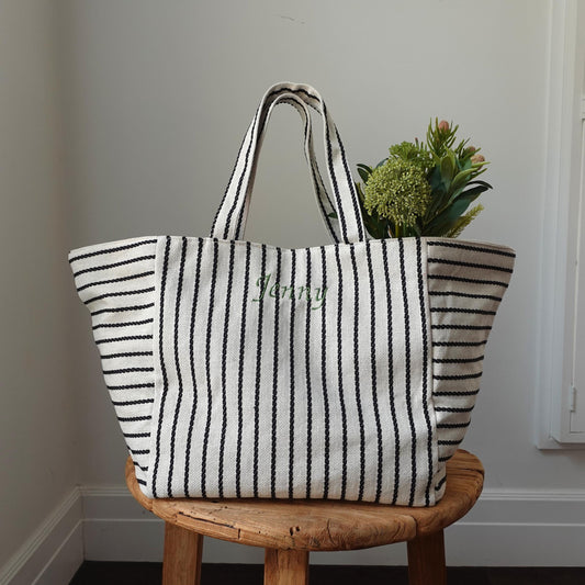 Embroidered initial tote bag, Oversize striped Tote Bag