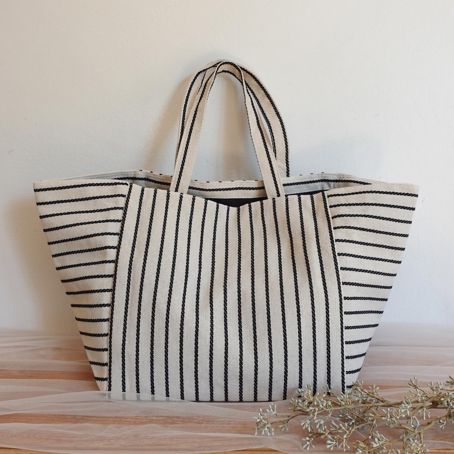 Embroidered initial tote bag, Oversize striped Tote Bag