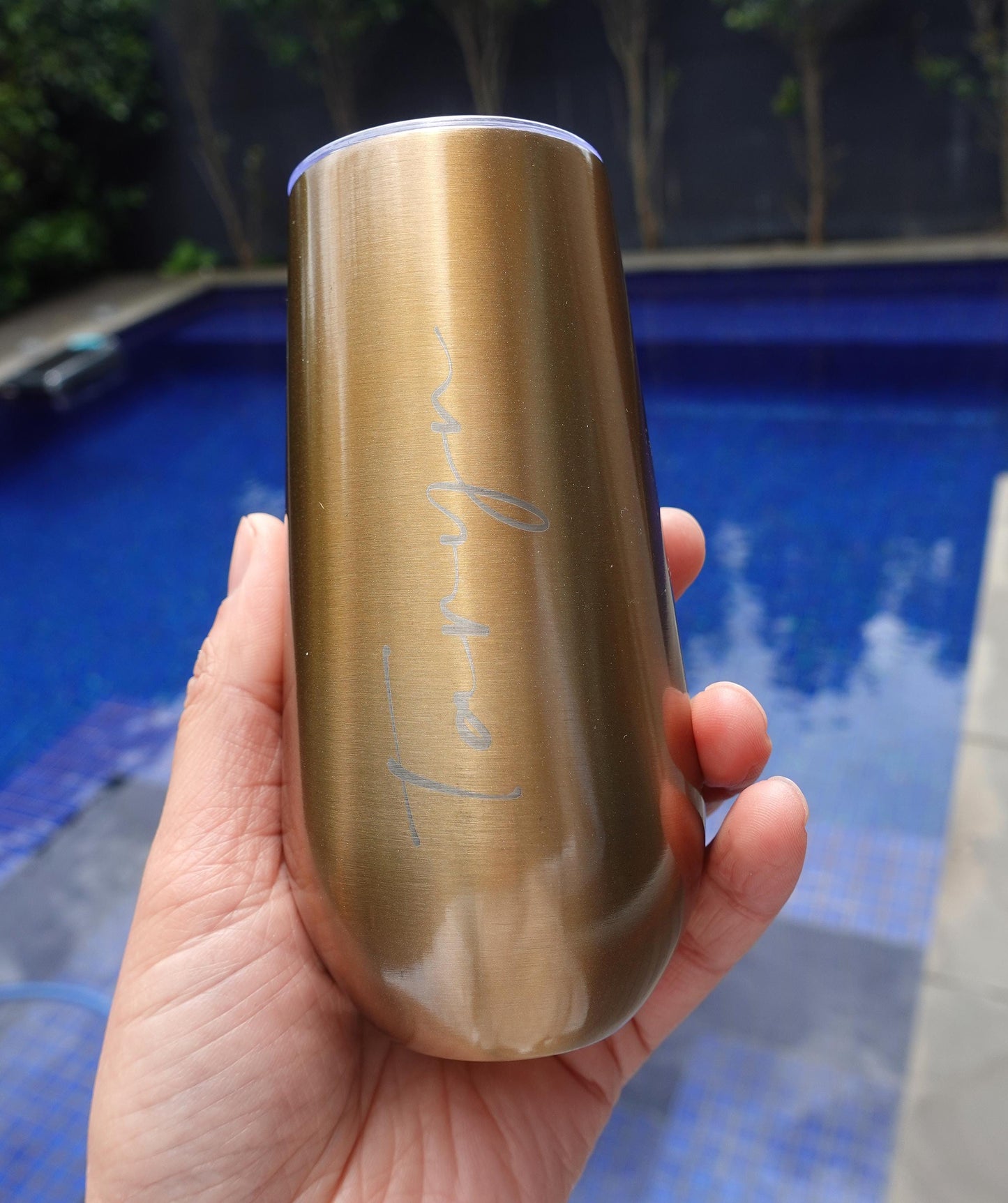 Personalised 6oz Champagne Tumbler with straw, Stainless Flute Wine Glass