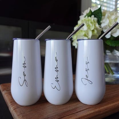 Personalised 6oz Champagne Tumbler with straw, Stainless Flute Wine Glass