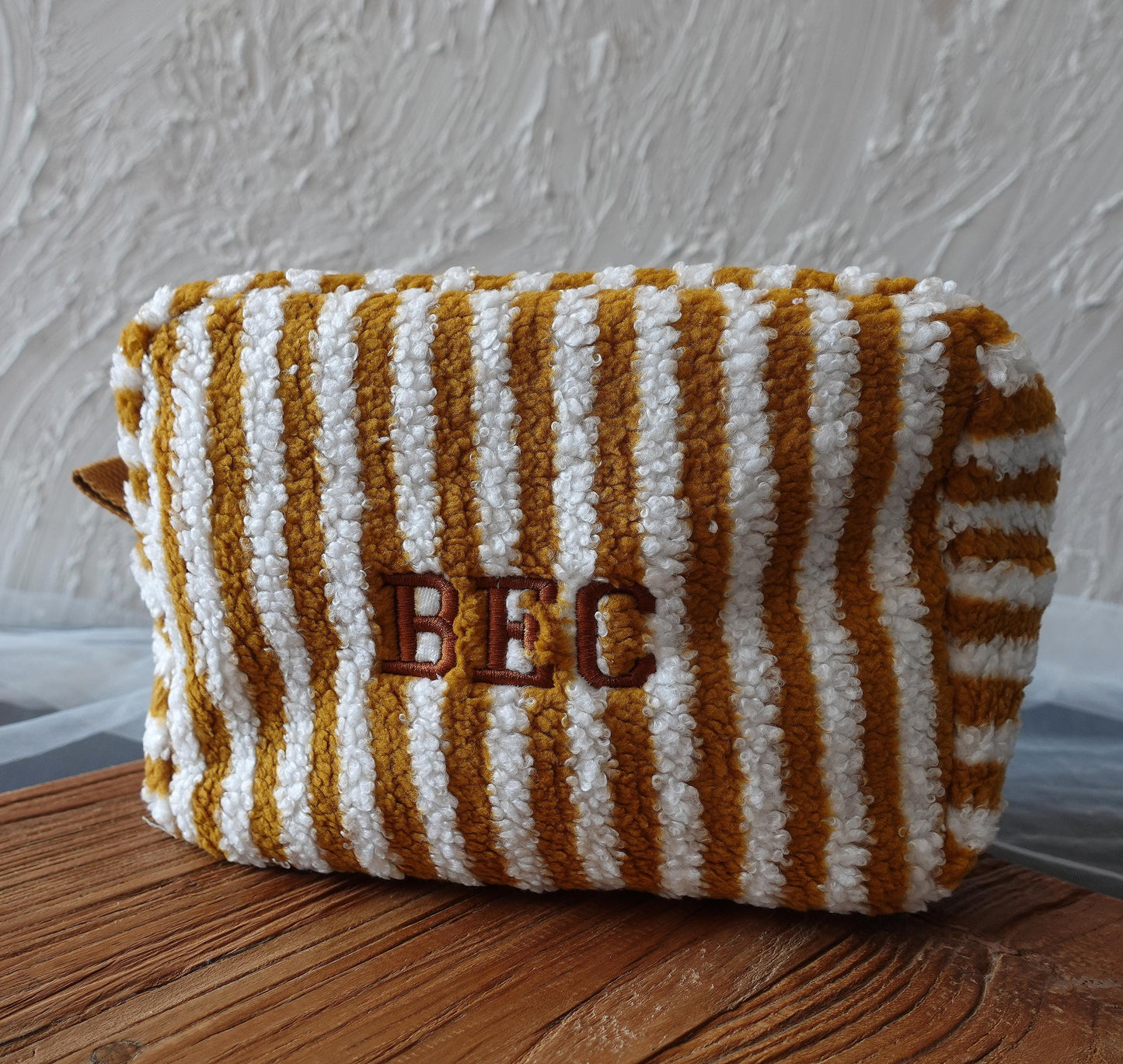 Personalized Fluffy Teddy Fleece, Striped, Large Makeup Bag