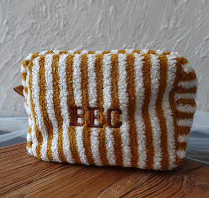 Personalized Fluffy Teddy Fleece, Striped, Large Makeup Bag