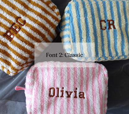 Personalized Fluffy Teddy Fleece, Striped, Large Makeup Bag