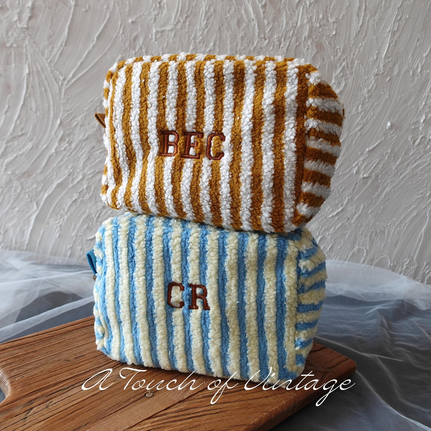 Personalized Fluffy Teddy Fleece, Striped, Large Makeup Bag