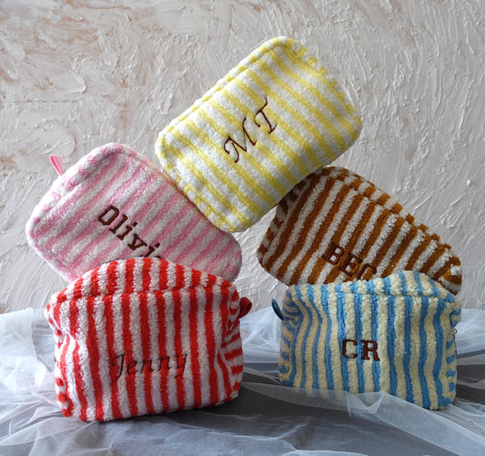 Personalized Fluffy Teddy Fleece, Striped, Large Makeup Bag