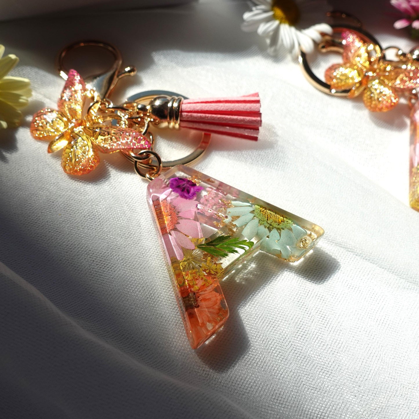 Floral Floral Resin Initial Keychain with Butterfly & Tassel