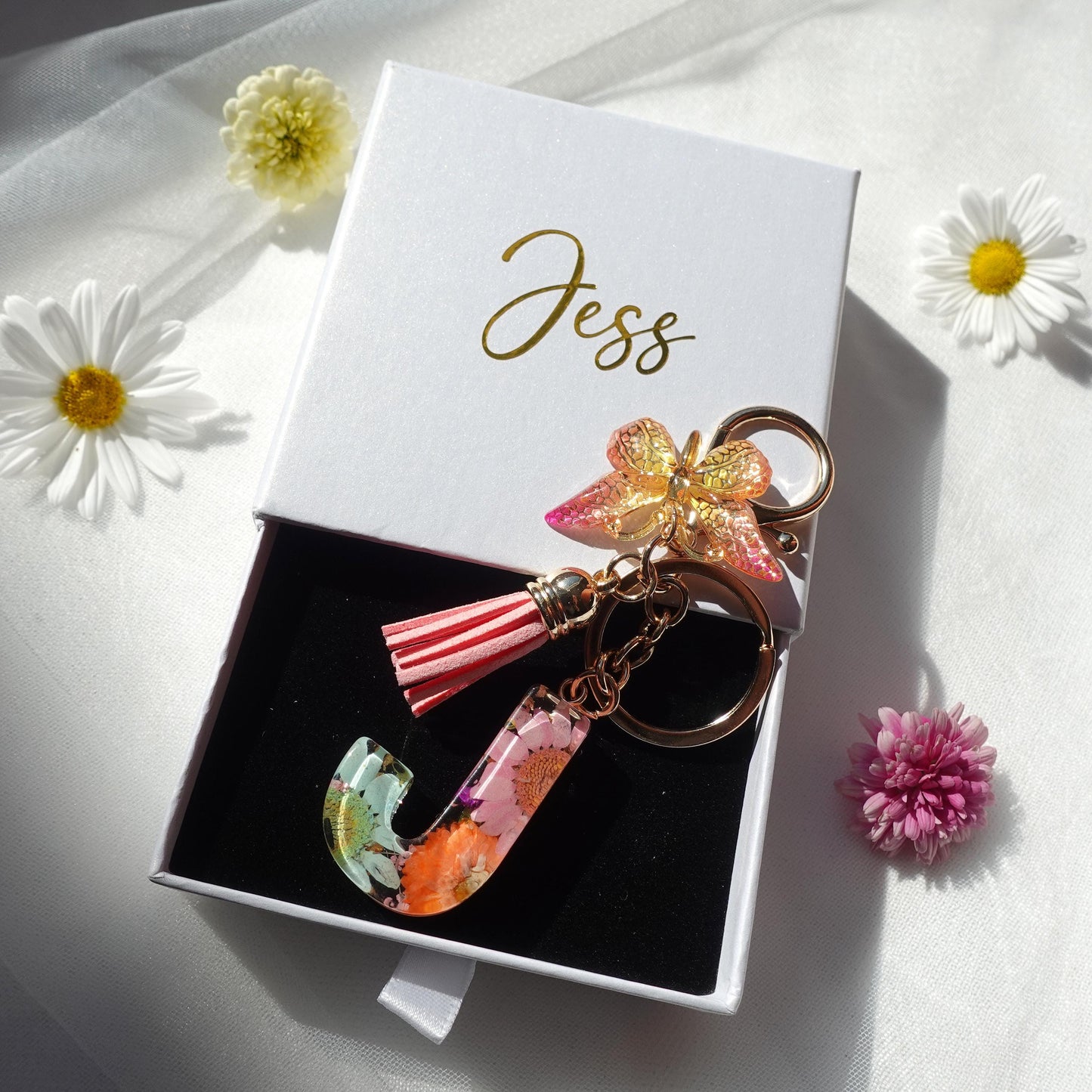 Floral Floral Resin Initial Keychain with Butterfly & Tassel