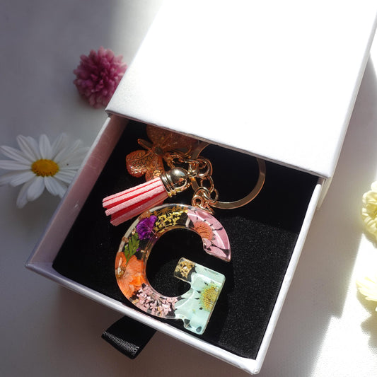 Floral Floral Resin Initial Keychain with Butterfly & Tassel