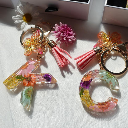 Floral Floral Resin Initial Keychain with Butterfly & Tassel
