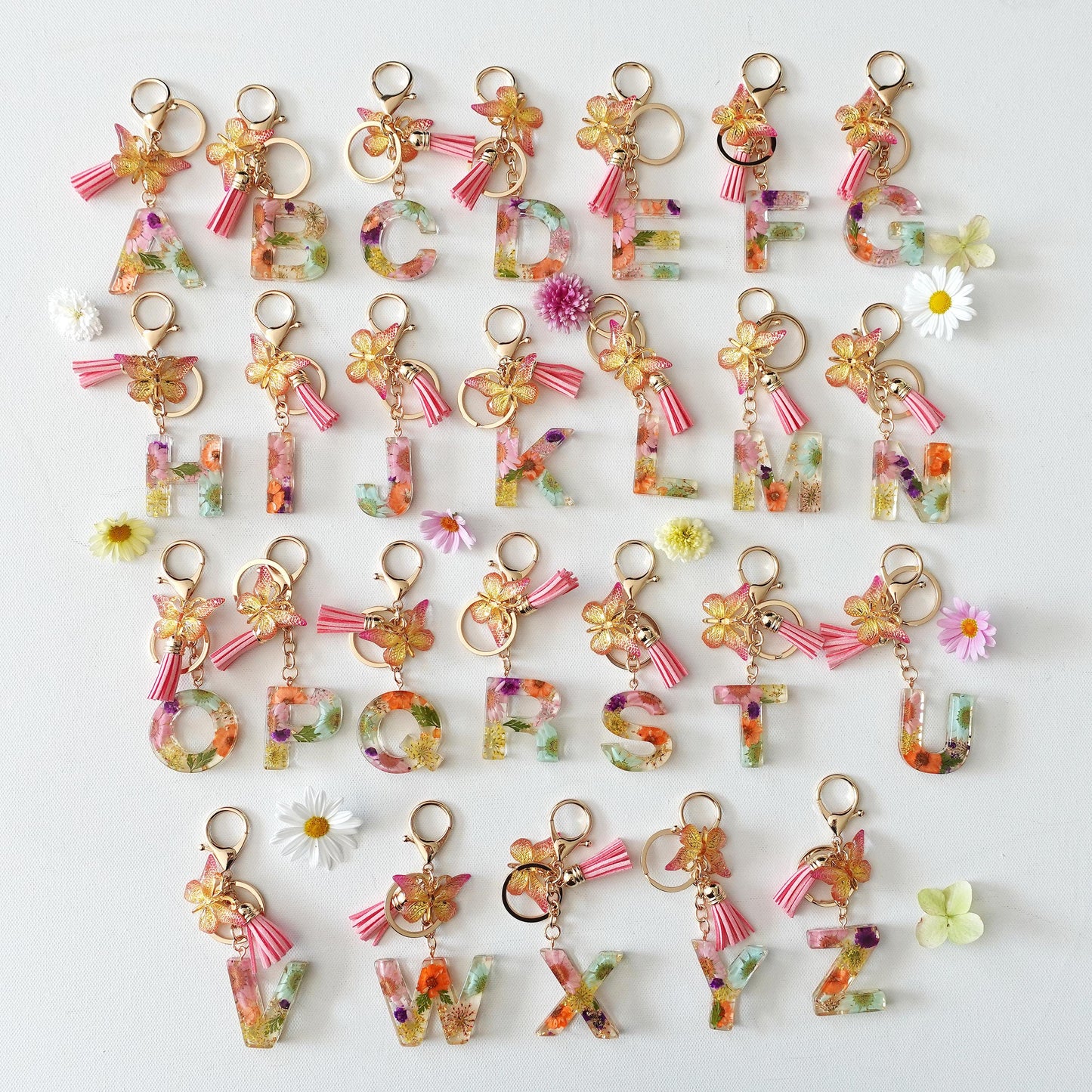 Floral Floral Resin Initial Keychain with Butterfly & Tassel