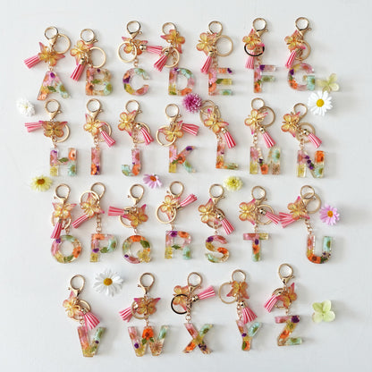 Floral Floral Resin Initial Keychain with Butterfly & Tassel